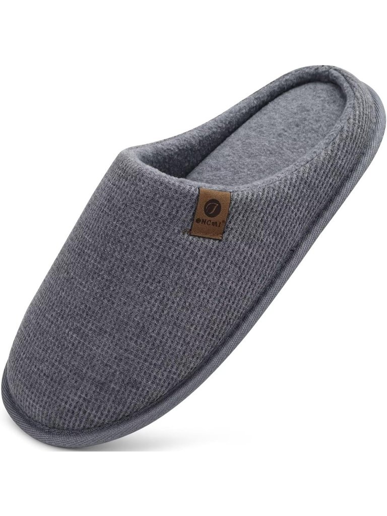 Men's Grey Cushion Memory Foam Shake Fleece Faux Fur Lining House Slipper Shoes